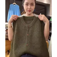 早秋穿搭复古圆领针织马甲背心女叠穿外搭无袖单排扣坎肩-5271
