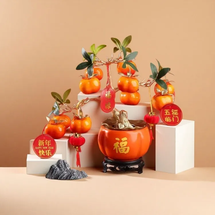 家居饰品摆件元旦春节新年柿子摆件客厅家居饰品喜庆新款仿真花