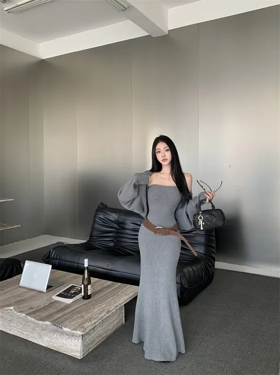 时髦复古设计感抹胸针织毛衣连衣长裙开衫外套小众高级感女装