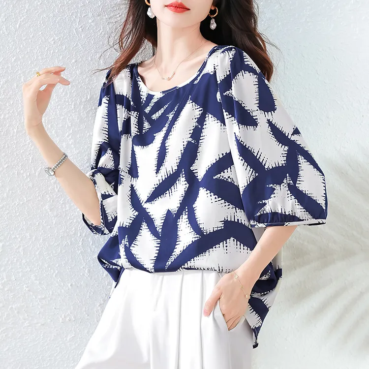 大码女装优雅复古缎面遮肉短袖衬衫夏季新款宽松胖MM百搭上衣