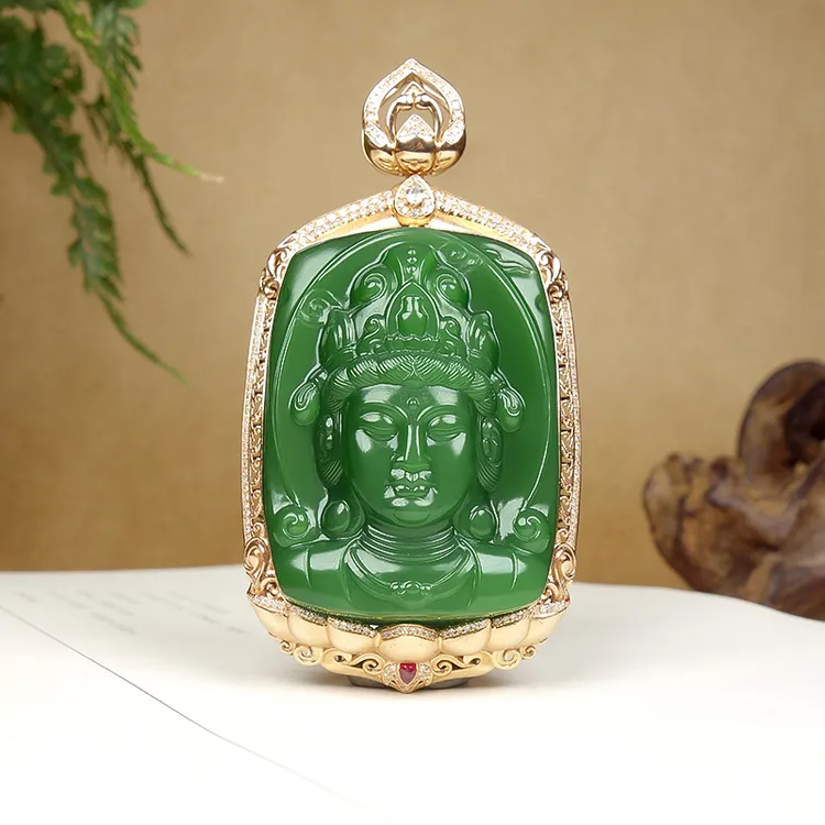 【玉人生珠宝】正宗和田玉俄碧正阳绿冰绿底18K观音首挂件吊坠气质