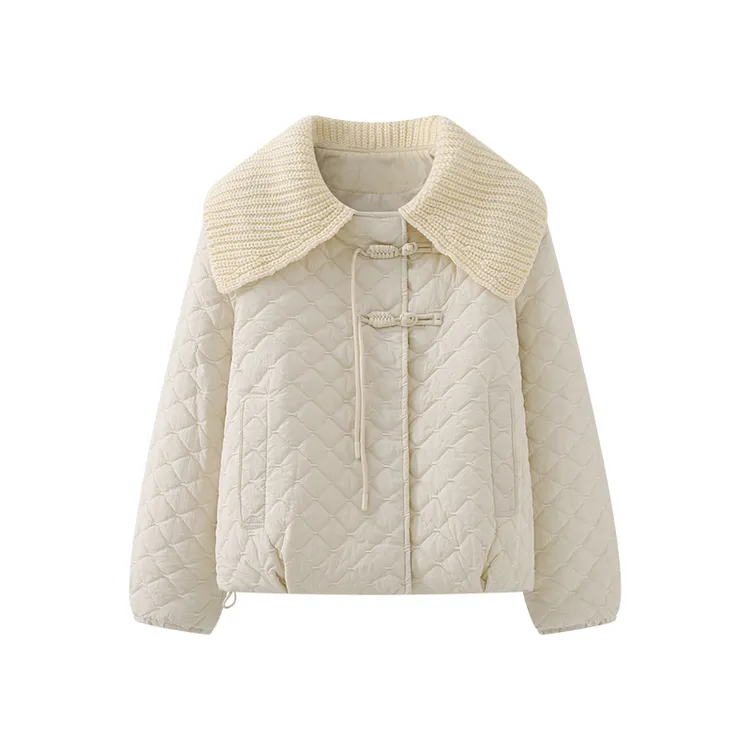 针织翻领盘扣棉服女减龄小个子百搭宽松设计感棉衣短外套