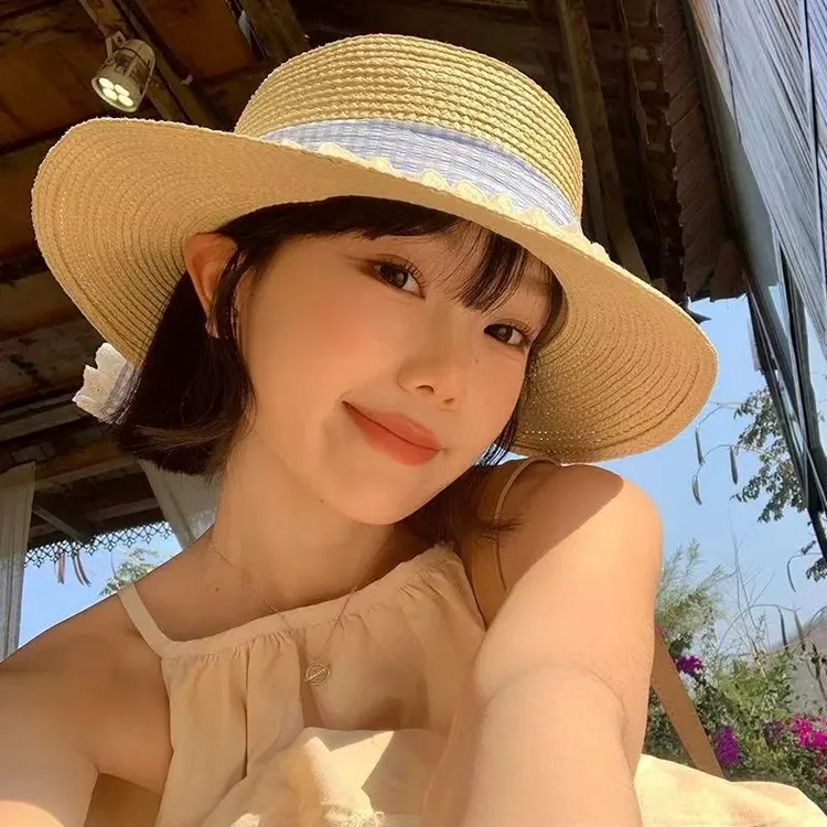 蝴蝶结格子系带平顶草帽女夏季海边沙滩帽子大帽檐遮阳防晒太阳帽