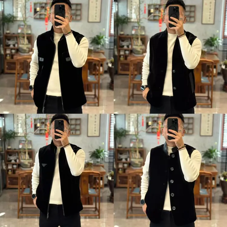 25021欧货秋季轻奢时尚立领拼羊皮男士百搭丝绒马甲