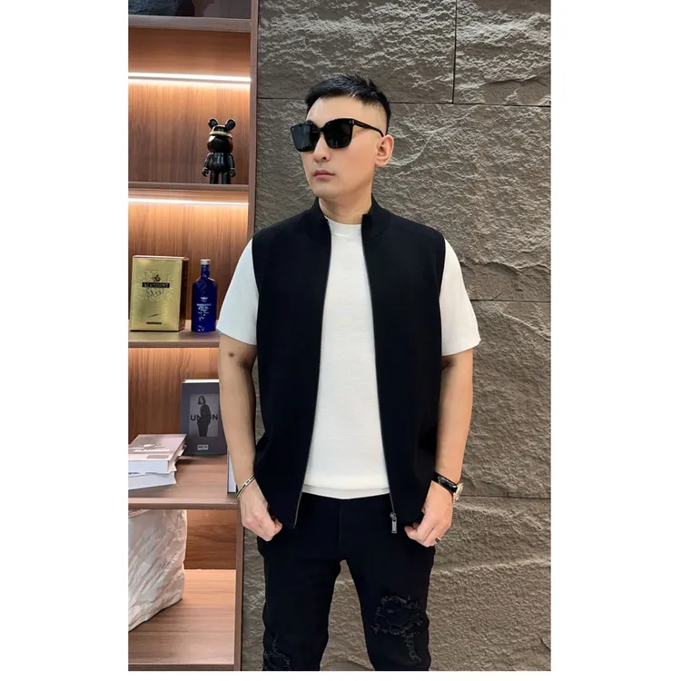 GCONE秋冬新款针织绵羊毛立领拉链休闲男士秋季时尚马甲黑色百搭