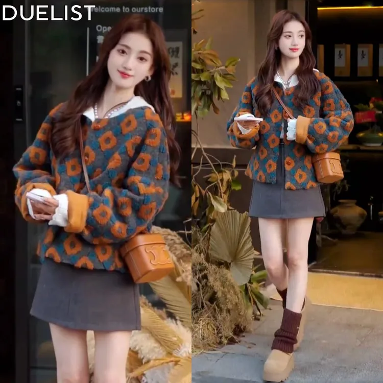 DUELIST韩系时尚立体花朵保暖铺棉外套女冬季小香风洋派减龄短款