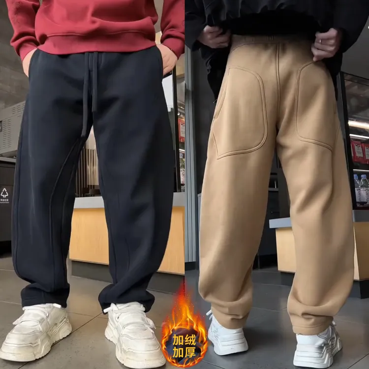 冬季新款大码加绒加厚刺绣弯刀休闲裤男款痞帅时尚宽松百搭卫裤
