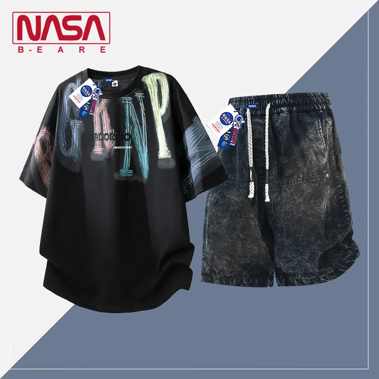NASA联名套装男士夏季新款运动休闲两件套美式潮牌宽松短袖五分裤