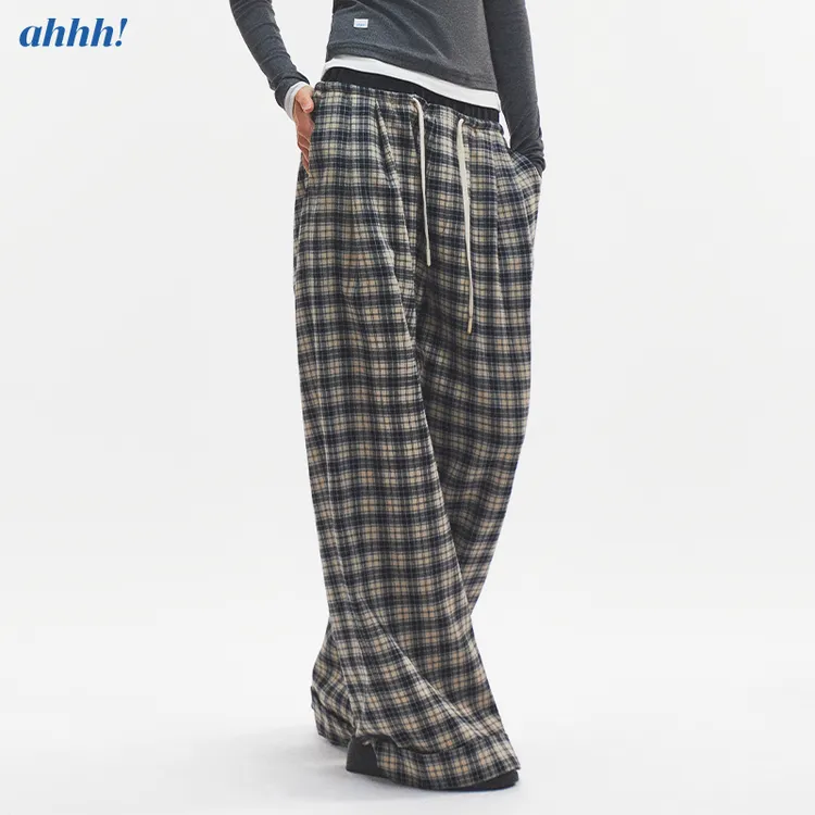 Ahhh 复古美式橡筋腰系带格纹宽松直筒休闲阔腿长裤 CY5A21019