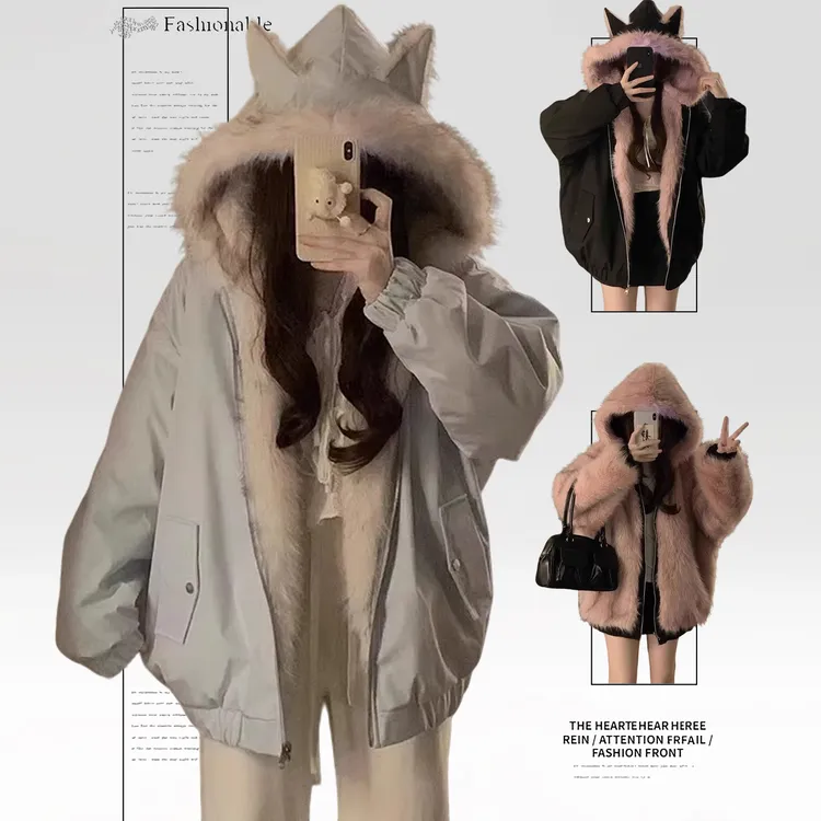 大码女装双面穿毛领连帽棉服女胖mm冬季新款时尚加厚保暖棉袄外套