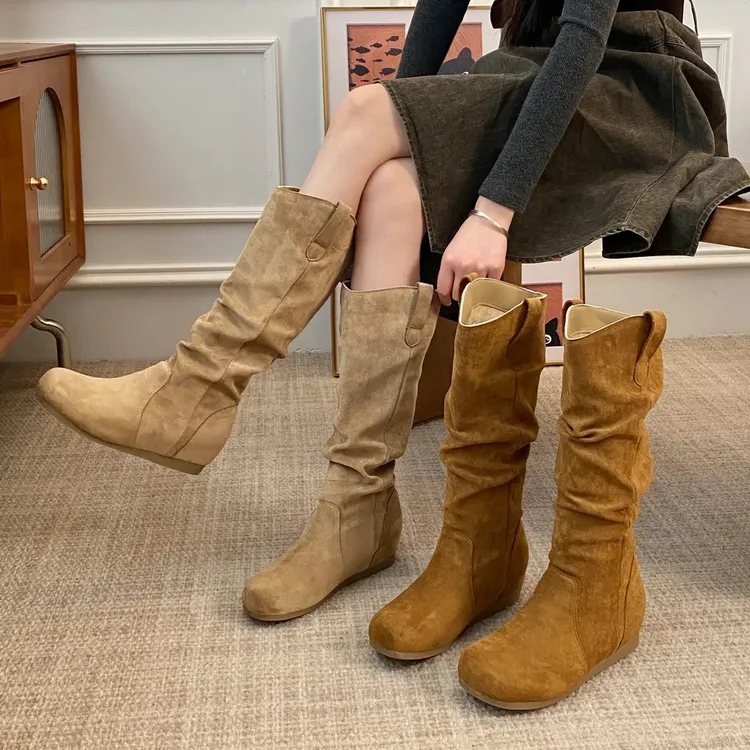 【多米】长筒堆堆靴女复古长靴子2025秋冬法式平底高筒西部靴骑士靴