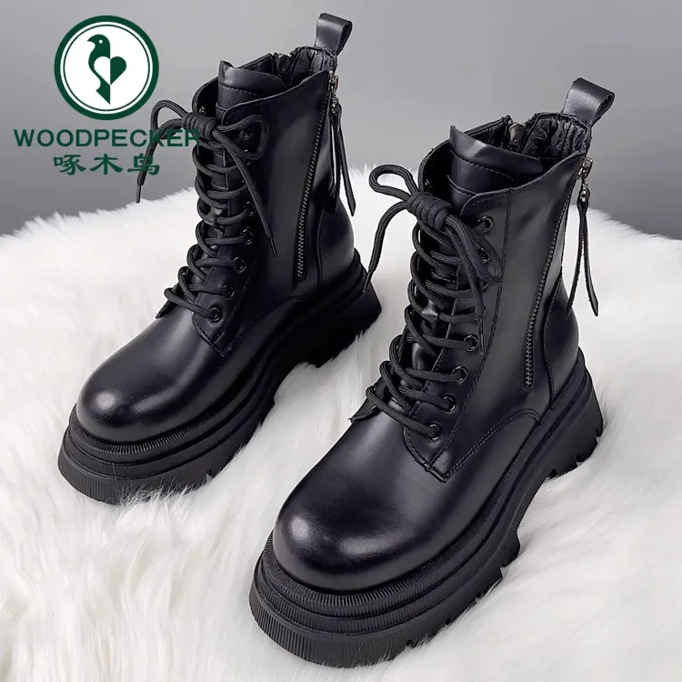 啄木鸟马丁靴女厚底双拉链秋冬单靴2025新厚底防滑加绒英伦风短靴