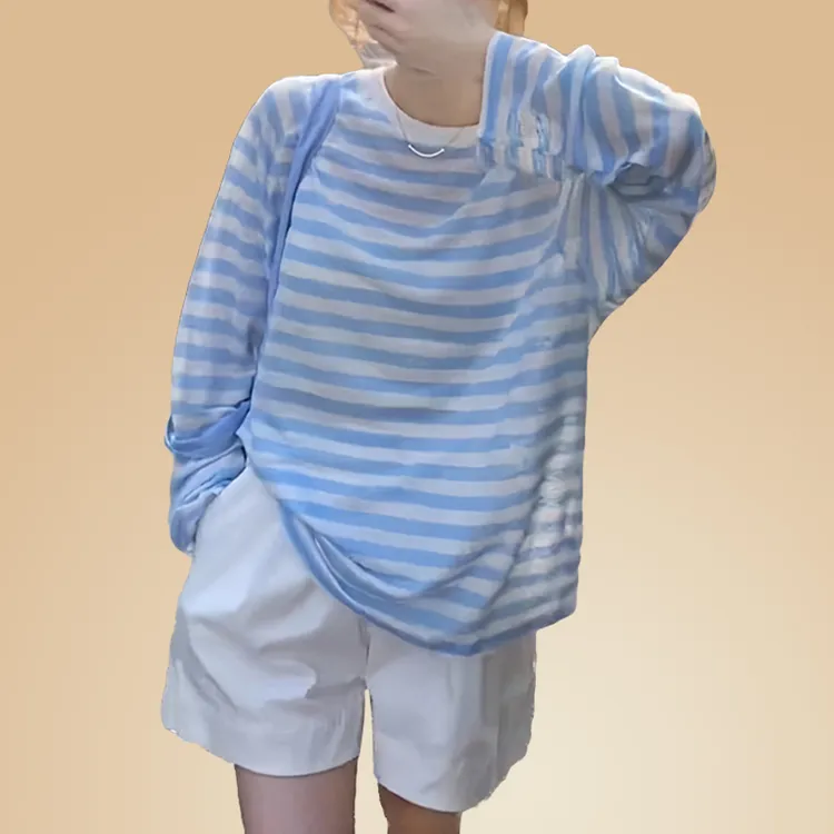 蓝色条纹防晒罩衫女2025夏薄款韩版气质冰丝长袖T恤宽松外搭上衣