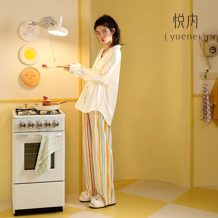 悦内睡衣女春秋款秋季纯棉长袖家居服大码时尚休闲条纹可外穿出门