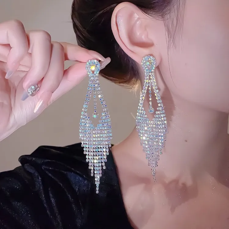 锌合金锆石耳饰 超闪长款流苏耳环时尚气质奢华夸张夜店性感耳钉