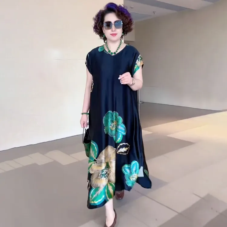 高级感印花醋酸连衣裙阔太太宽松遮肚显瘦中长裙夏季新款轻奢裙子