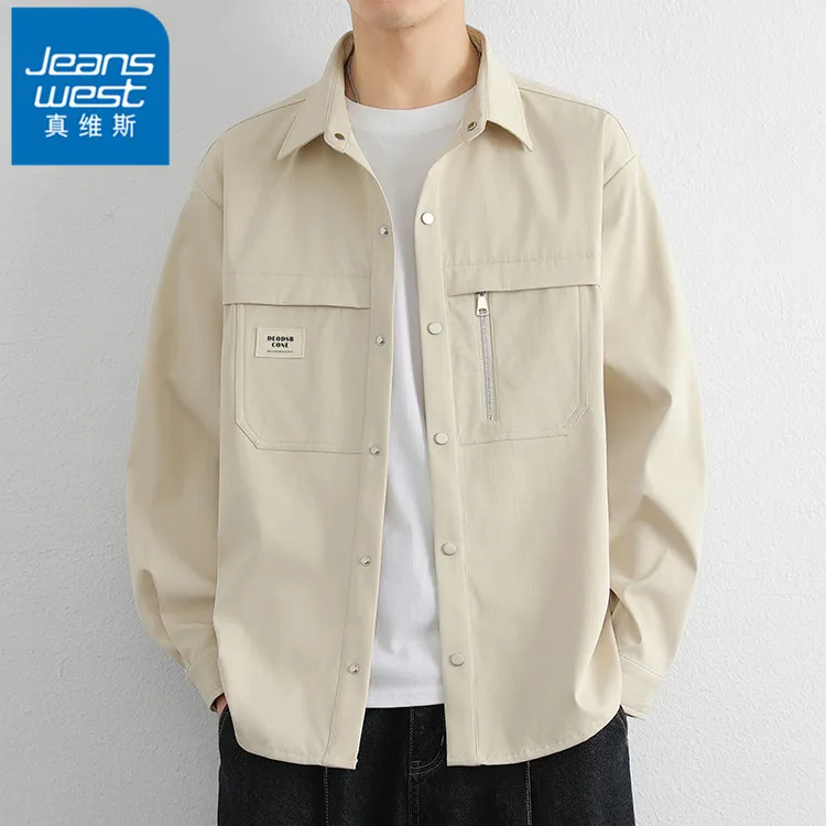 真维斯长袖衬衫外套男士春秋季美式痞帅工装复古高街百搭休闲衬衣