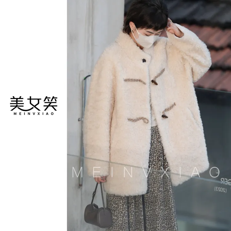 美女笑MNX【童话】韩系立领100%绵羊毛颗粒毛女高级羊剪绒中长款
