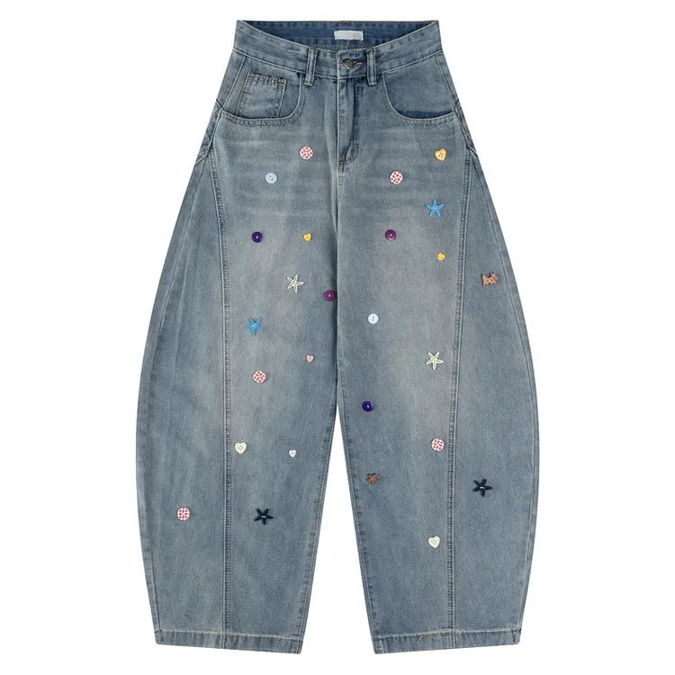 2025嘻哈潮牌纽扣装饰弯刀牛仔裤男女美式新款松弛感宽松阔腿长裤