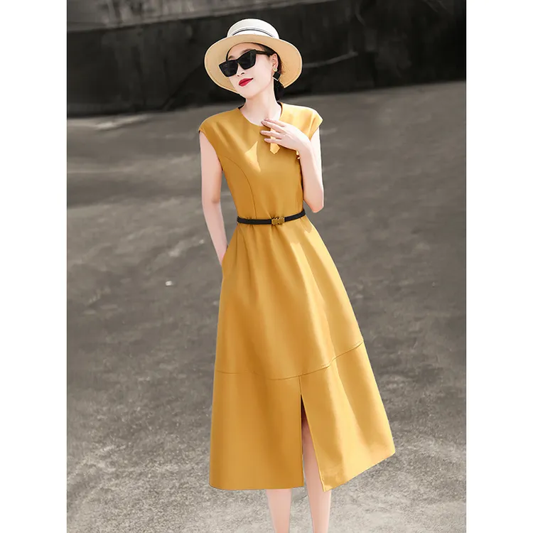 兰瑟儿夏季新款气质通勤裙子收腰系带无袖背心连衣裙女105XL2516