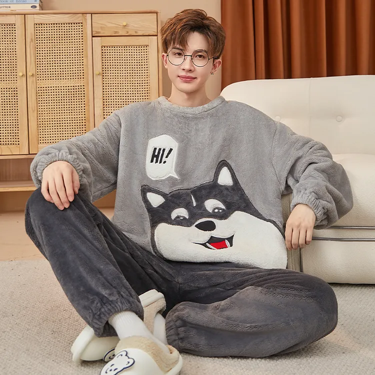 珊瑚绒睡衣男冬季加厚加绒保暖套装男士大码休闲卡通青少年家居服