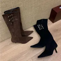 Liuu嘻嘻阿法式尖头细跟高筒长靴女秋季不过膝皮带扣显瘦拉链靴子