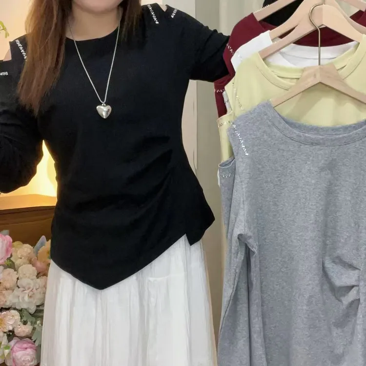 【现货+运险】92棉秋季2025秋季大码露肩长袖T恤收腰显瘦遮肉上衣