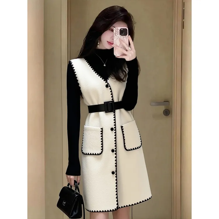 秋冬季新款漂亮裙气质名媛女神范轻奢白色背心连衣裙打底衫两件套