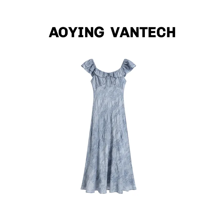 AOYING VANTECH【薄荷暗礁】蓝色显白扎染小飞袖系带提花连衣裙