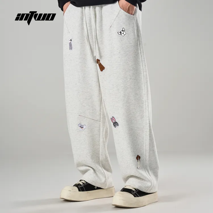 IN TWO/硬涂潮牌趣味可爱小狗绣花章仔百搭舒适直筒宽松休闲裤