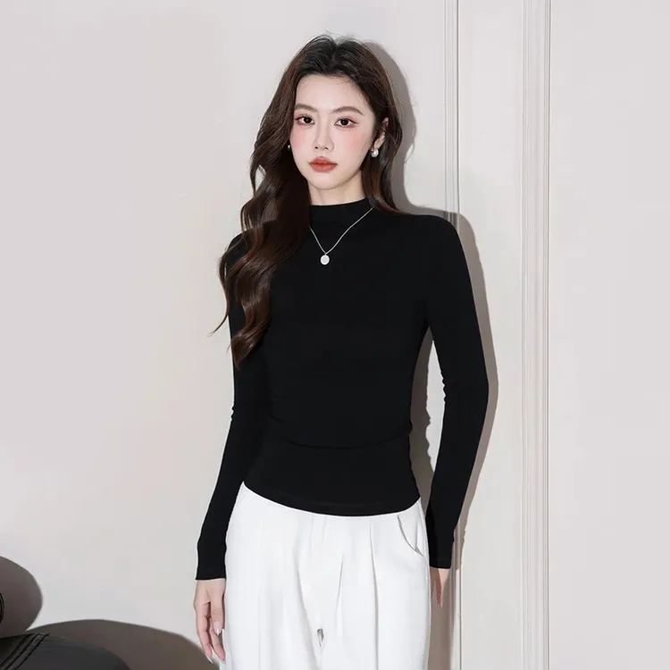 黑色半高领螺纹打底衫女内搭早春新款修身显瘦洋气长袖t恤女上衣