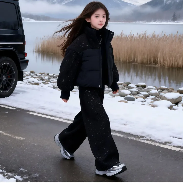 女童冬季棉衣套装新款外套筒裤两件套满天星短款棉服