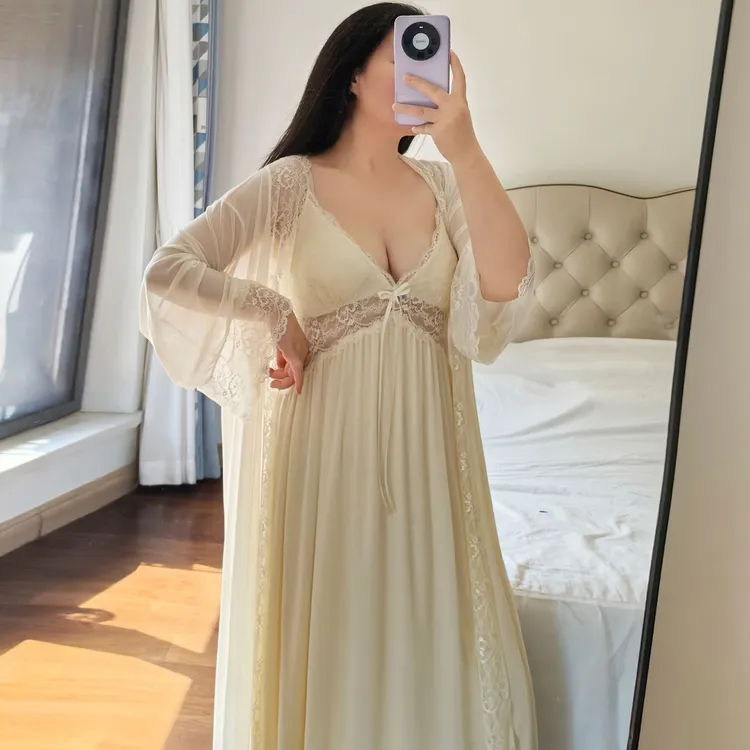 长款睡衣女大码秋冬厚款胖妹妹蕾丝性感带胸垫吊带睡裙睡袍两件套