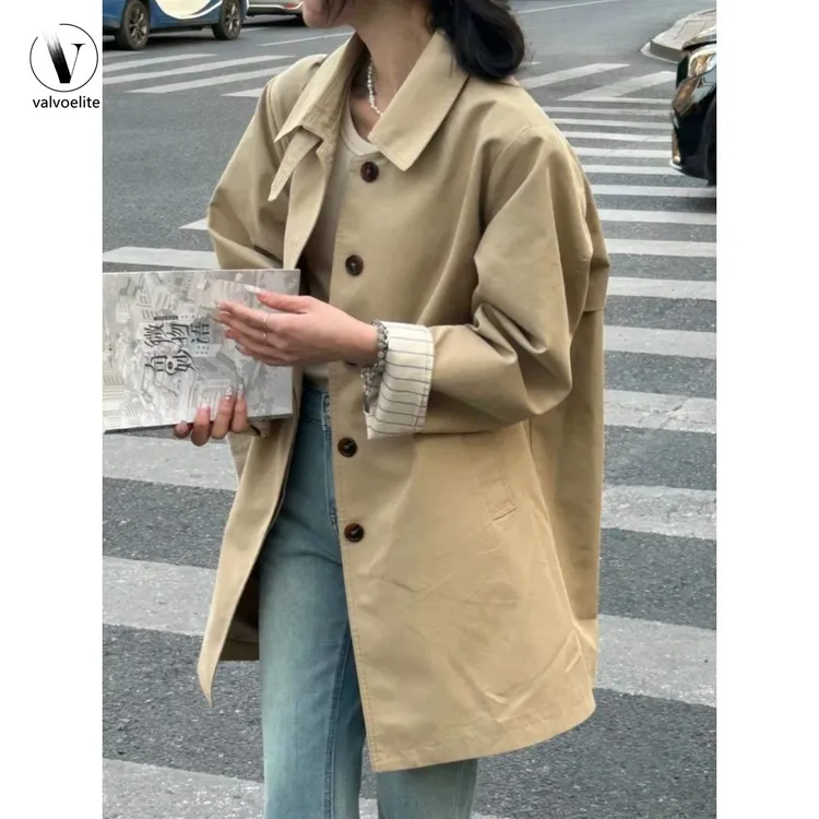 VALVOELITE卡其色中长版风衣外套女时尚新款春秋小个子高级感韩系