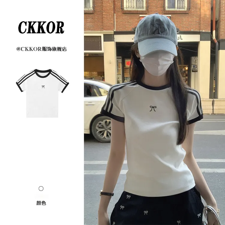 CKKOR夏季时尚百搭韩版蝴蝶结修身显瘦短袖T恤女辣妹圆领短款上衣