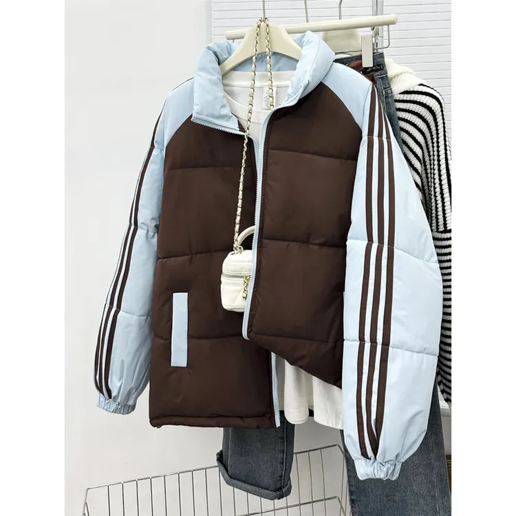 美式插肩三条杠拼接撞色立领棉衣女冬季新款加厚宽松大码棉袄外套