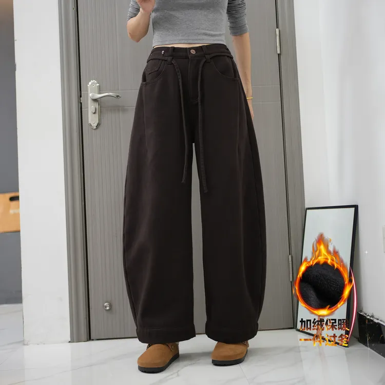 秋季加厚加绒25826老爹裤哈伦显瘦百搭女士牛仔高腰宽松高腰长裤商品图