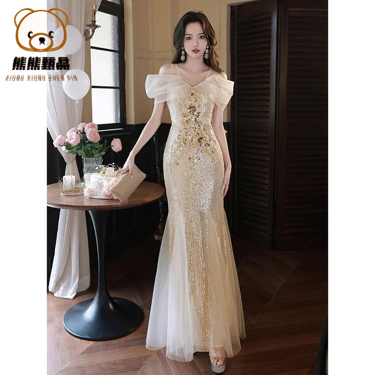 亮片晚礼服裙女吊带一字肩仙气轻奢小众高定主持宴会订婚生日闪yd