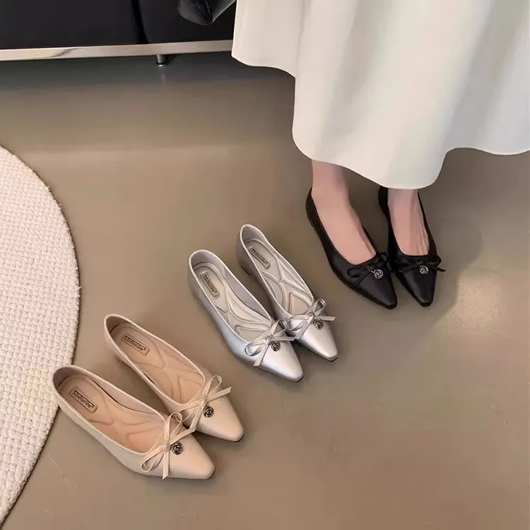 复古温柔蝴蝶结瓢鞋浅口内增高春夏法式单鞋晚晚鞋仙女鞋子女款