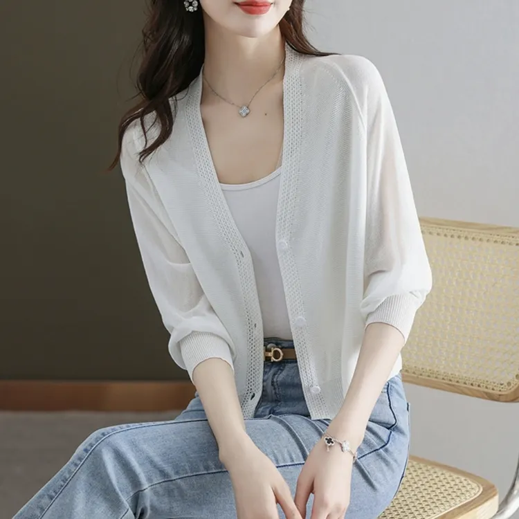 2025春夏新款高级感轻熟风短款冰丝针织开衫防晒衣薄款外套空调衫