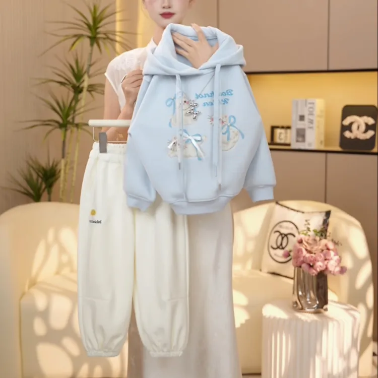 【糖宝魔豆】女童秋冬季卫衣套装新款洋气卡通女孩加绒加厚连帽上衣