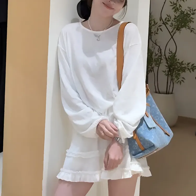 韩系纯欲减龄一整套女夏季宽松薄款长袖防晒T恤木耳边短裙两件套