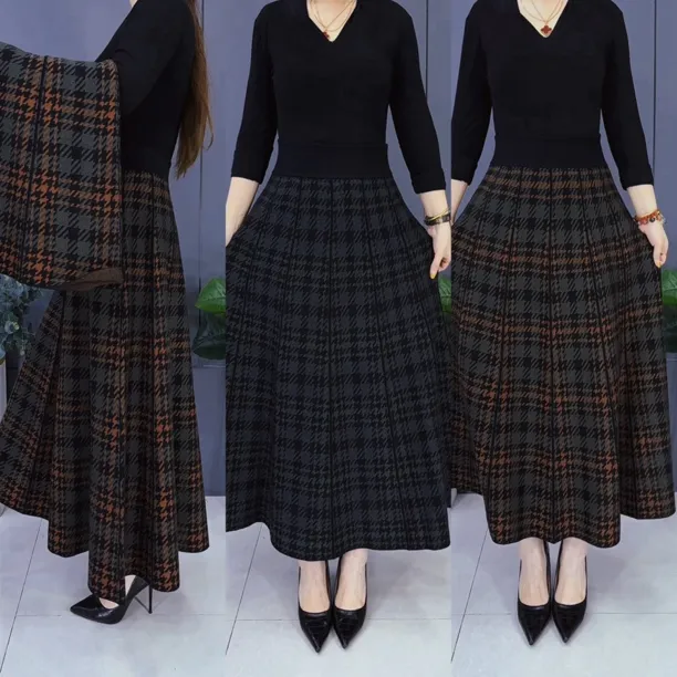 9610-5#秋冬新款格子时尚百搭大摆女士高腰半身裙