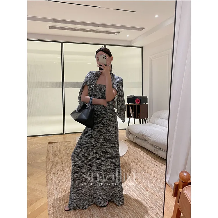 SMALLIU 【开衫/抹胸/半裙】轻奢慵懒风黑白花纱显瘦针织三件套装