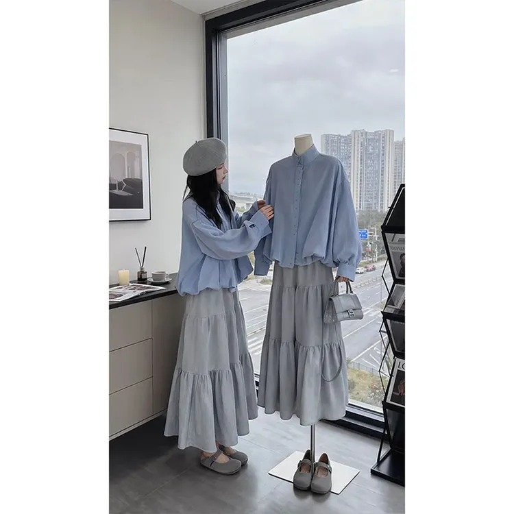 MARIE.COCO韩系两穿式格纹拼接花苞长袖外套女秋季A字蛋糕裙套装