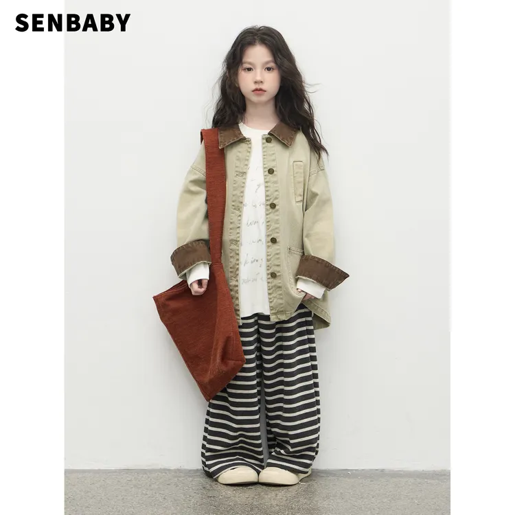 senbaby女童复古水洗牛仔外套韩版洋气翻领工装中长款大衣