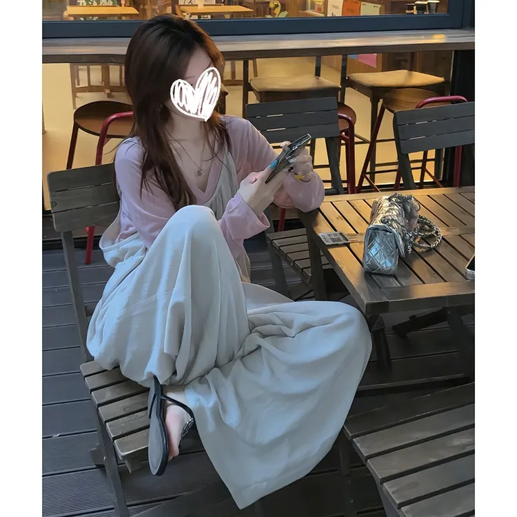 迷失雾岛 v领打底衫长袖防晒上衣松紧慵懒休闲百搭阔腿背带裤套装