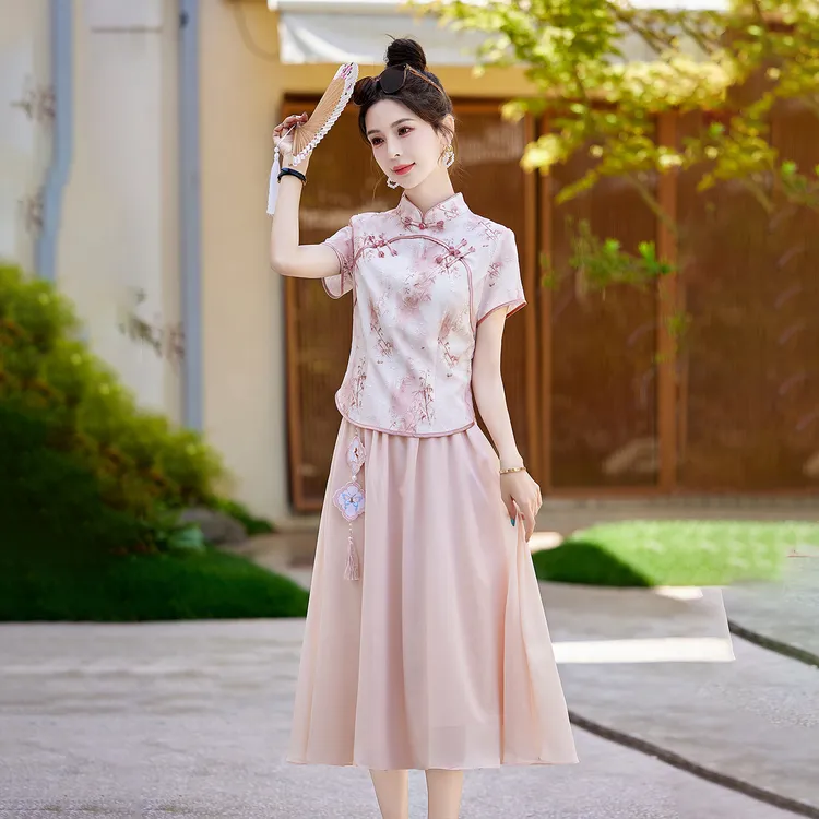 新中式改良旗袍套装套装裙女2025夏季新款印花高级感两件套裙子潮