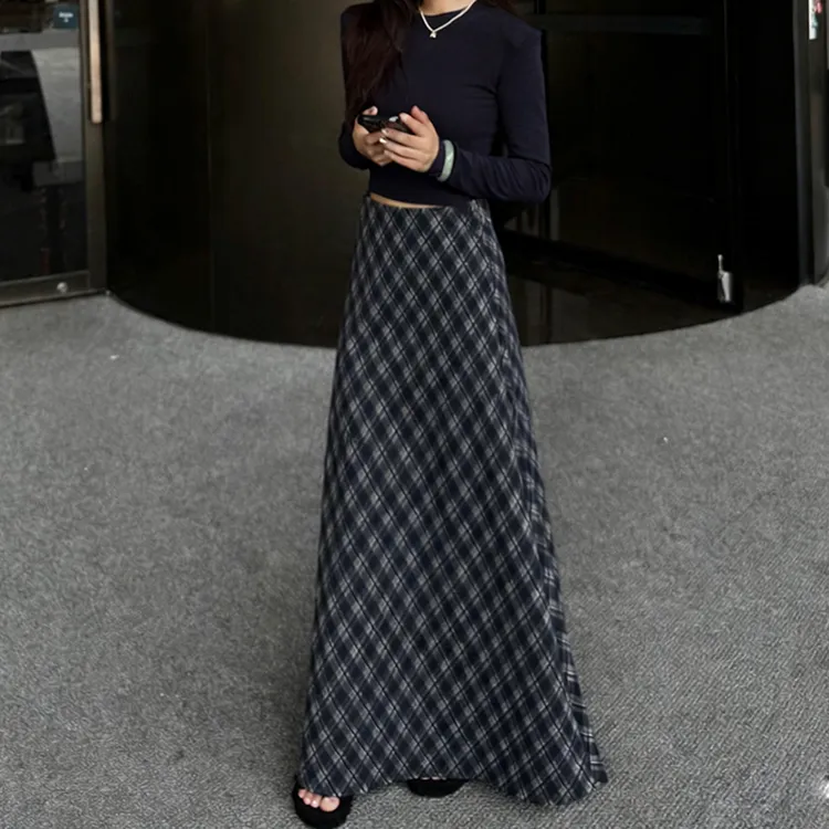 时尚高腰显瘦格子毛呢半身裙女秋冬新款气质百搭宽松垂感A字长裙
