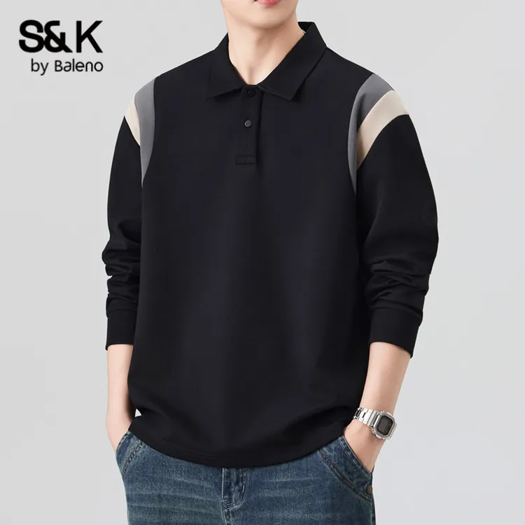 班尼路S&K潮牌撞色长袖POLO衫卫衣男士冬季新款宽松百搭翻领上衣